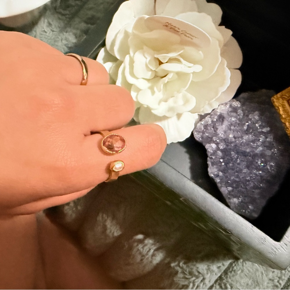 Gold Ring with Pale Pink Gemstone and Cream Floral Accent